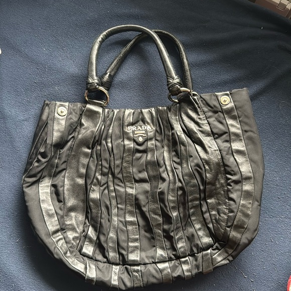 PRADA Tote Bag Shoulder Bag Black Leather Nylon - Picture 1 of 5